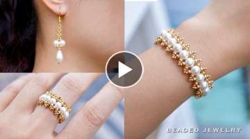 Pearl jewelry set. How to make beaded jewelry. Earrings, bracelet and ring. Beading tutorial