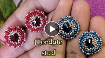 Cordate stud earrings tutorial/ heart bezel on 10mm rivoli crystal/ DIY beaded earrings tutorial