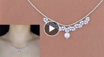 DIY Elegant Pearl Beaded Necklace. Pearl Beaded Lace Pendant Necklace. Beading Tutorial 珍珠串...