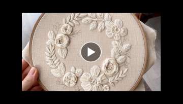 Embroidery for beginners. Cream flower wreath