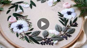 Anemones and Eucalyptus. Floral wreath. Embroidery for beginners