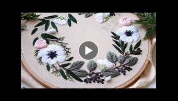 Anemones and Eucalyptus. Floral wreath. Embroidery for beginners